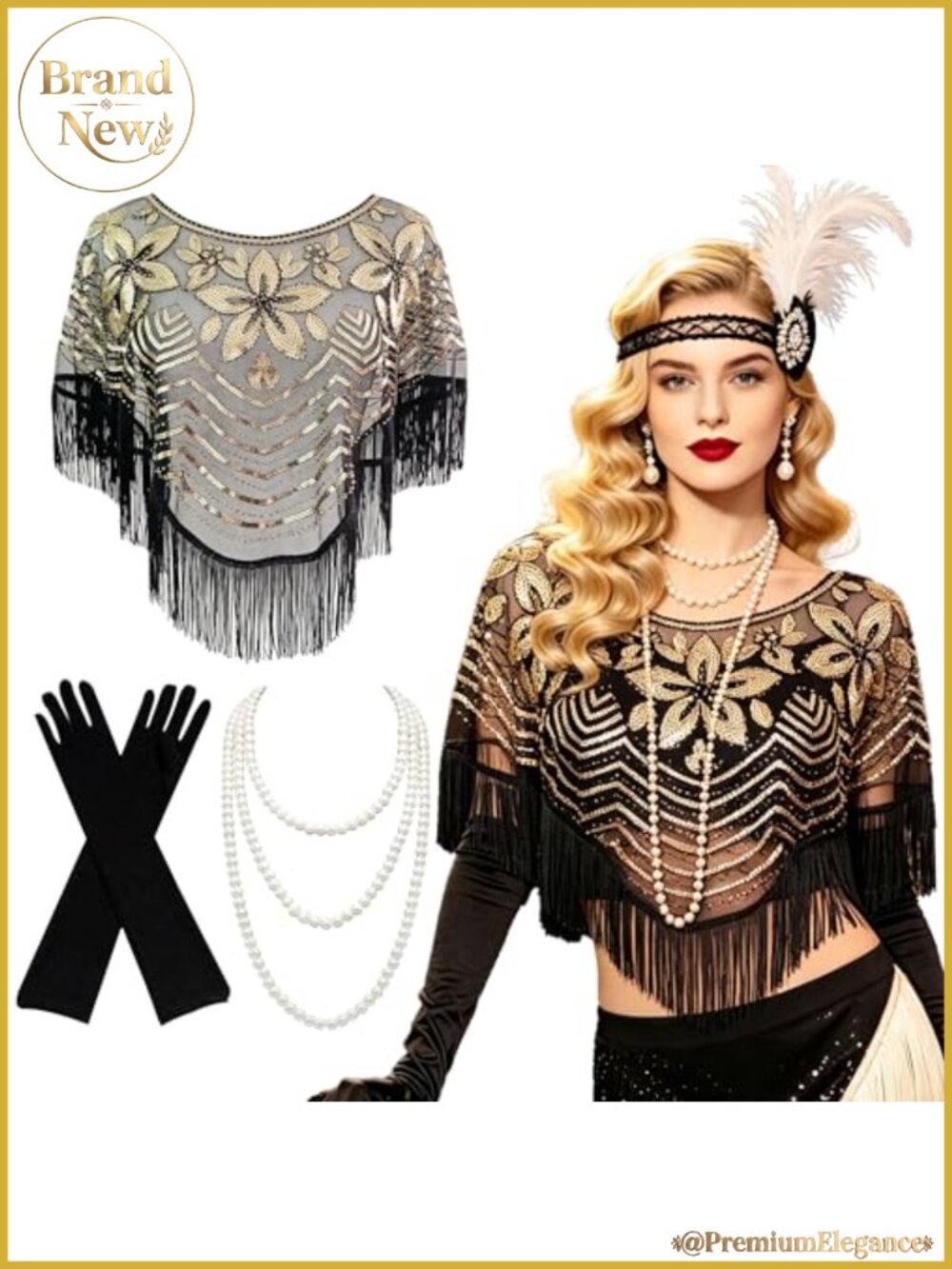1920s Sequin Fringe Capelet Shawl Long Gloves Pearl Necklace 3-Pc Set